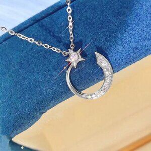 💎Crystal Shiny Micro Pave Moon Star Silver Trendy Necklace for Women, INDN8646